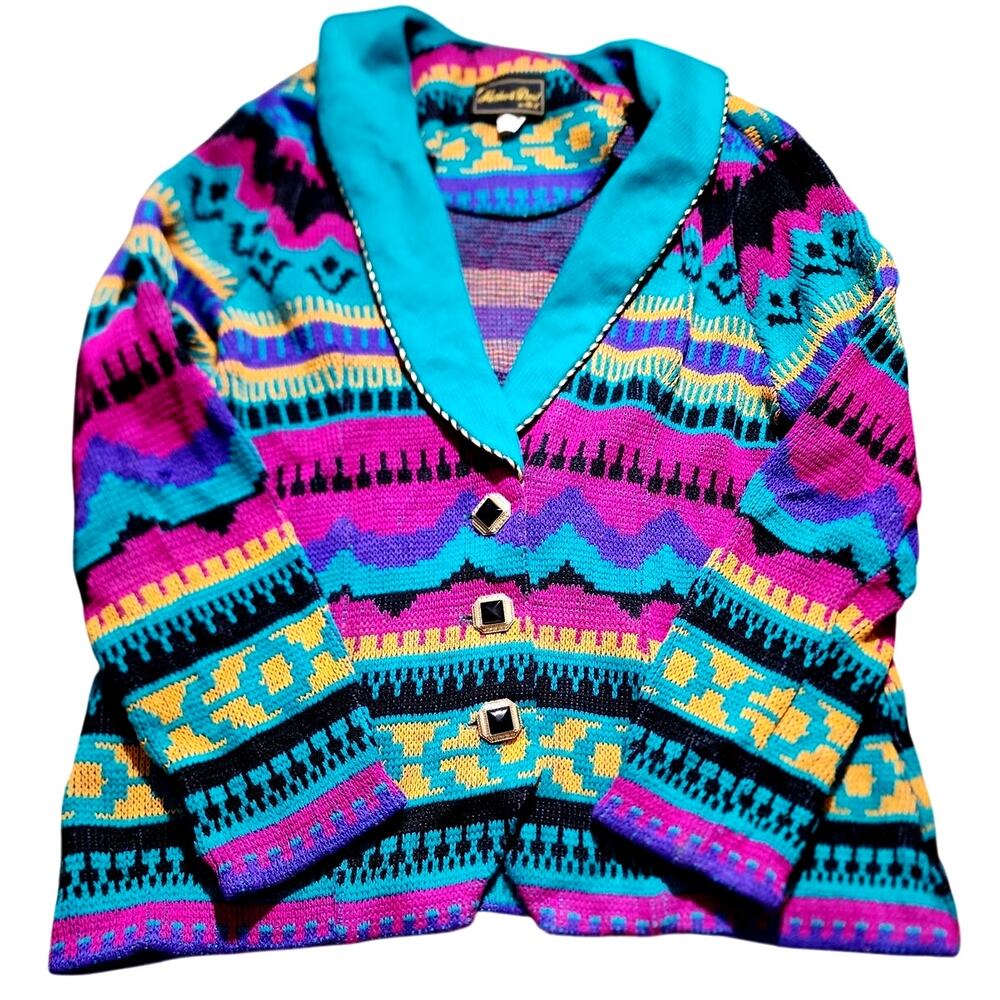 Matthew & David Vintage Multi-Colored Geometric Pattern Teal Collar Sweater 14